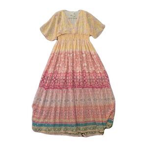 HOUSE OF HARLOW 1960 Women's Pink Floral Gold Inlay Boho Maxi Dress Small